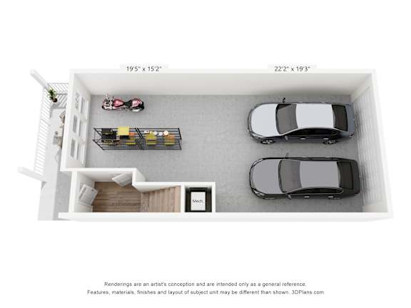 Two car garage with storage shelves and motorcycle at The Courts at Maverick Yards Apartments, South Carolina, 29662