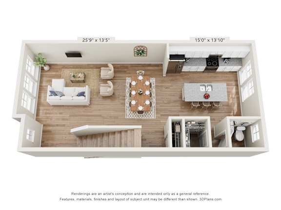 Open concept living and dining area with kitchen at The Courts at Maverick Yards Apartments, Mauldin, SC 29662