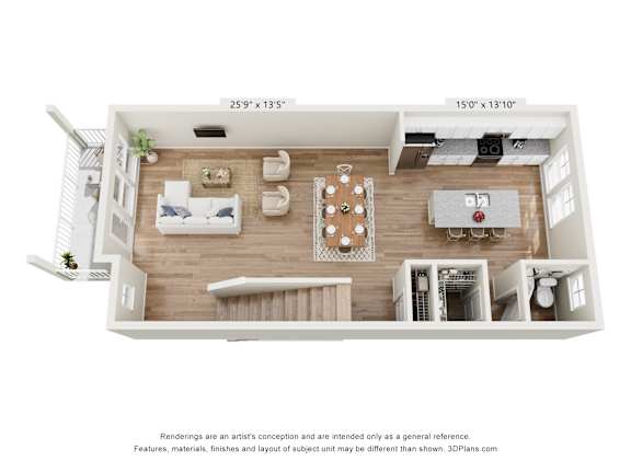 3D floor plan with open living and dining area at The Courts at Maverick Yards Apartments, Mauldin, SC
