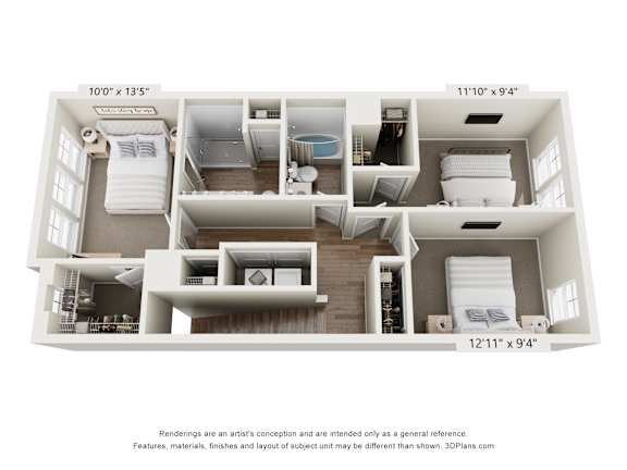 3D floor plan with three bedrooms at The Courts at Maverick Yards Apartments, Mauldin, 29662