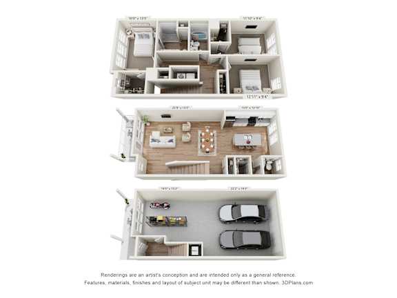 Three level 3D floor plan with bedrooms and garage at The Courts at Maverick Yards Apartments, Mauldin
