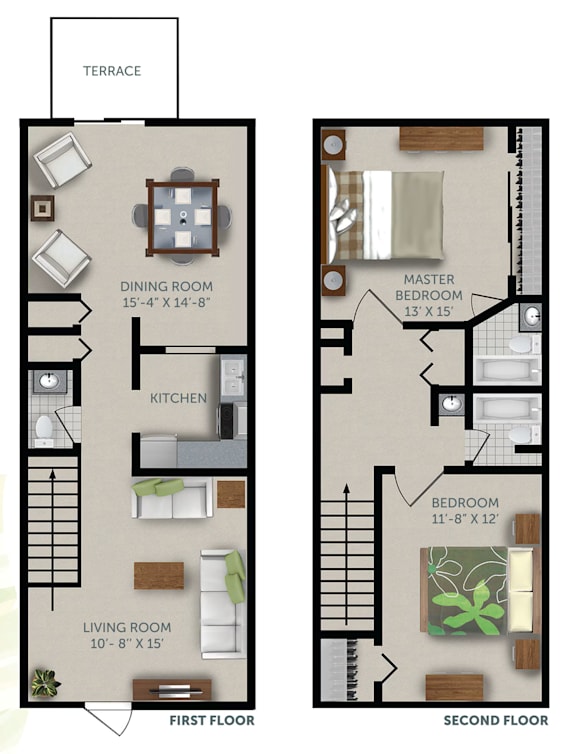 A floor plan of an apartment with a first and second floor.