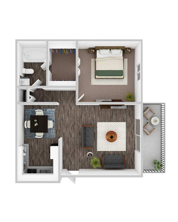 A top-down view of a small apartment with a kitchen, living room, and bedroom.
