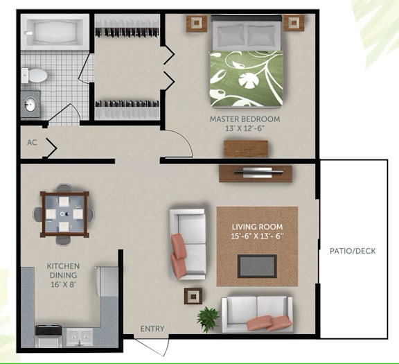 A floor plan of a house showing a master bedroom, living room, kitchen, and dining area.