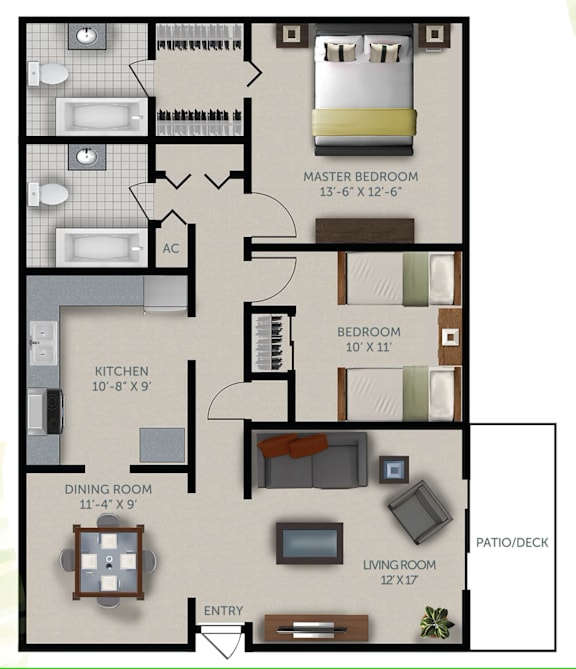 A floor plan of a house showing a master bedroom, two bedrooms, a kitchen, a dining room, a living room, and a patio/deck.