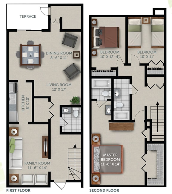 A floor plan of a two-story house with labeled rooms.