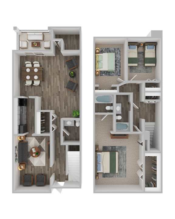 A floor plan of a two-bedroom apartment with a living room, kitchen, and bathroom.