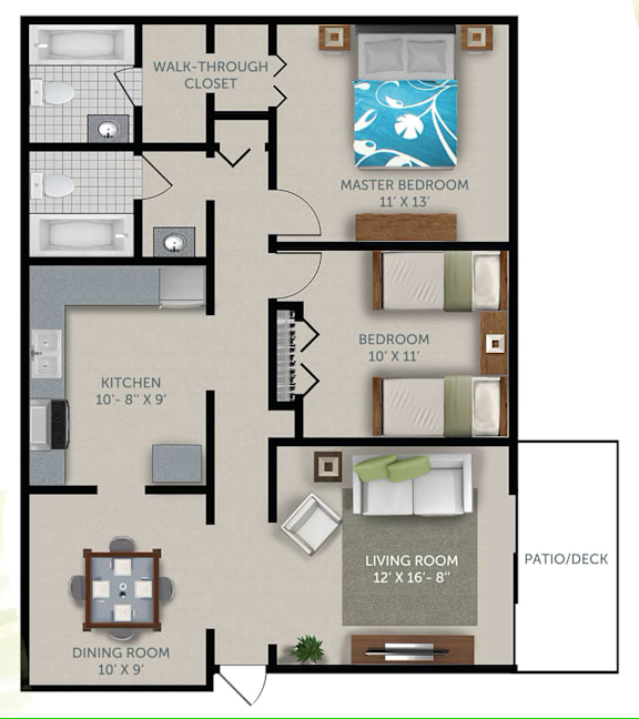 A floor plan of a house showing a master bedroom, two bedrooms, a living room, a dining room, a kitchen, a walk-through closet, and a patio/deck.
