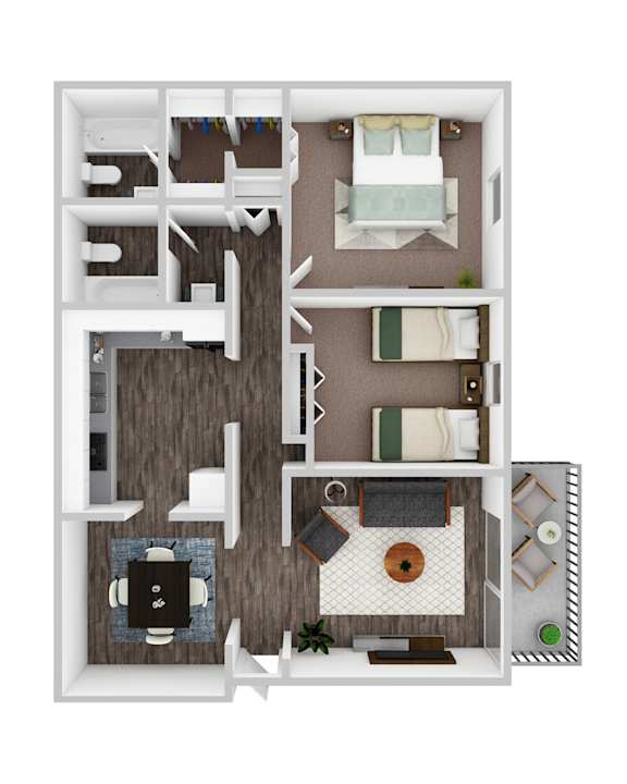 A top-down view of a small apartment with a kitchen, living room, and two bedrooms.