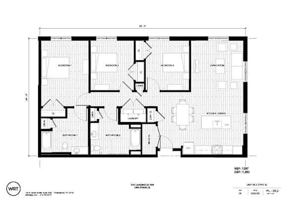 A floor plan of a house with labeled rooms such as Bedroom 1, Bathroom 1, Kitchen/Dining, and Living Room.