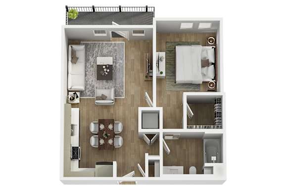 A modern 3d floor plan of a 1 bedroom 1 bathroom apartment with furnitures.