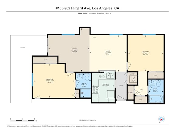 A 2 bedroom 2 bathroom apartment floor plan for a 962 Hilgard Avenue apartment in Los Angeles, CA.