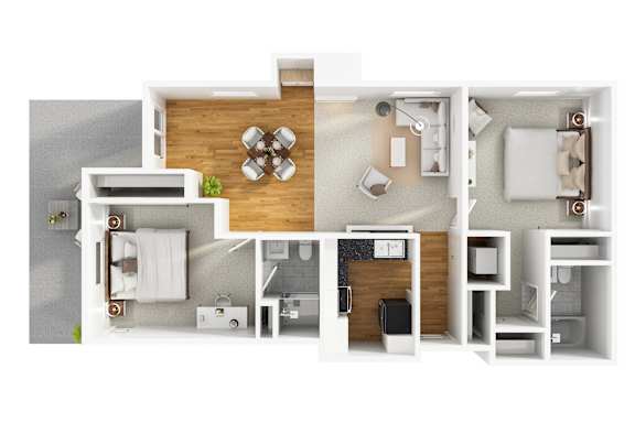 A modern 3D floor plan of a 2 bedroom 2 bath apartment with furnitures.