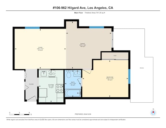 A 1 bedroom 1 bathroom apartment floor plan for a 962 Hilgard Avenue apartment in Los Angeles, CA.