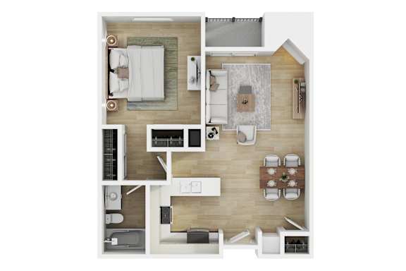 A modern 3d floor plan of a 1 bedroom 1 bathroom apartment with furnitures at 10910 Wellworth, Los Angeles, CA.