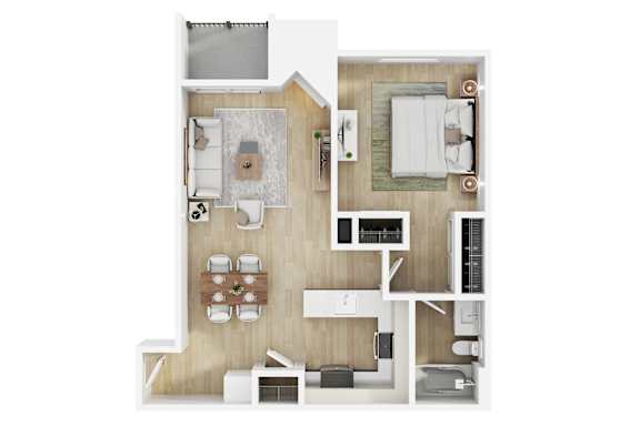 A modern 3d floor plan of a 1 bedroom 1 bathroom apartment with furnitures at 10910 Wellworth, Los Angeles, CA.