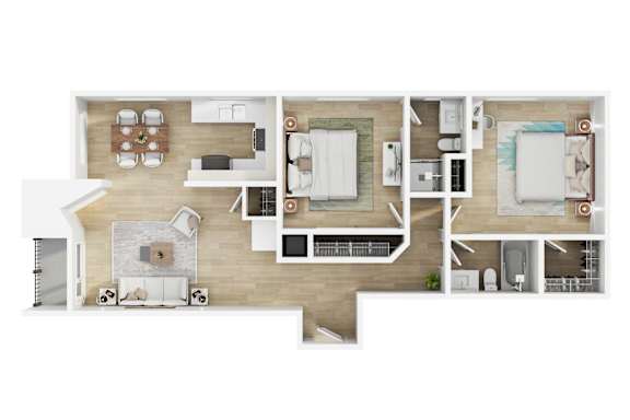 A modern 3d floor plan of a 2 bedroom 2 bathroom apartment with furnitures at 10910 Wellworth, Los Angeles, CA.