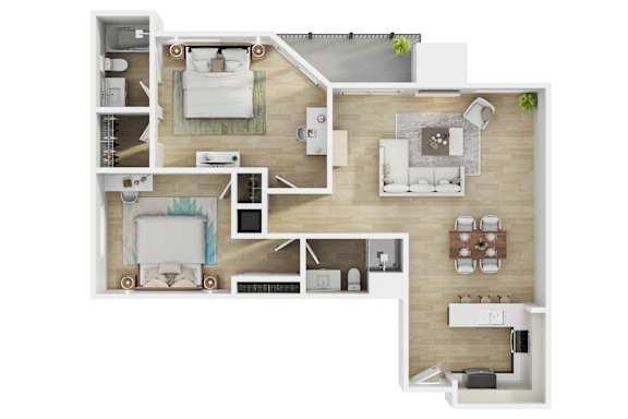 A modern 3d floor plan of a 2 bedroom 2 bathroom apartment with furnitures at 10910 Wellworth, Los Angeles, CA.