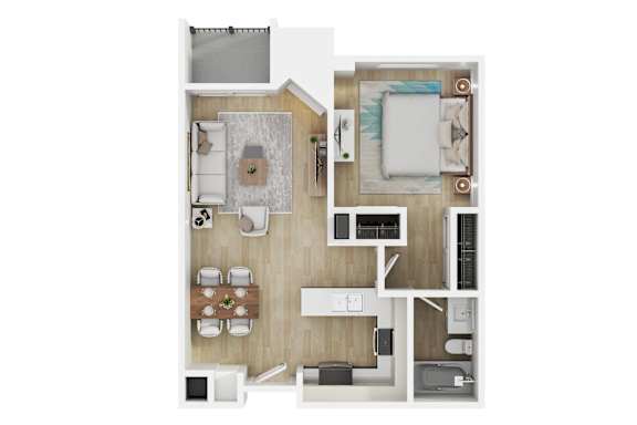 A modern 3d floor plan of a 1 bedroom 1 bathroom apartment with furnitures at 10910 Wellworth, Los Angeles, CA.