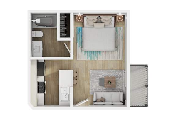 A modern 3d floor plan of a 1 bedroom 1 bathroom apartment with furnitures at 10910 Wellworth, Los Angeles, CA.
