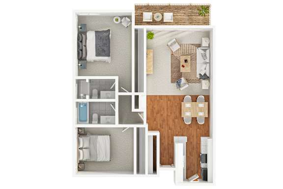 Modern 3D floor plan of a 2 bedroom 2 bath apartment with furnitures at 1245 Smithwood, Los Angeles, CA