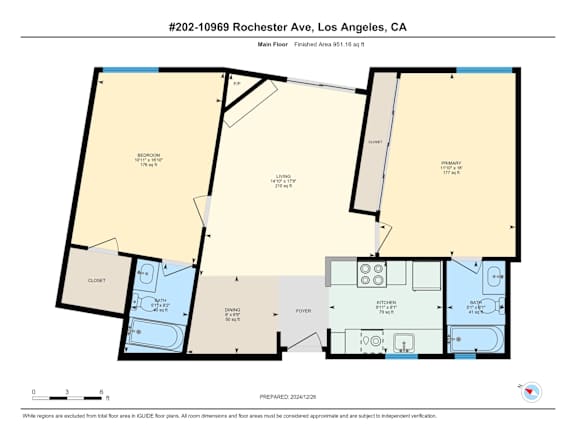 A floor plan for a 2 bedroom 2 bathroom apartment located at 10969 Rochester Ave, Los Angeles, CA.