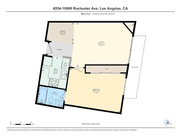 A floor plan for a 1 bedroom 1 bathroom apartment located at 10969 Rochester Ave, Los Angeles, CA.
