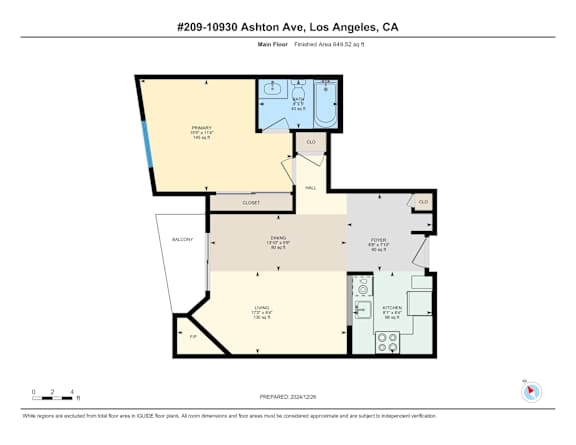 A floor plan for a 1 bedroom 1 bathroom apartment located at 10930 Ashton Ave, Los Angeles, CA.