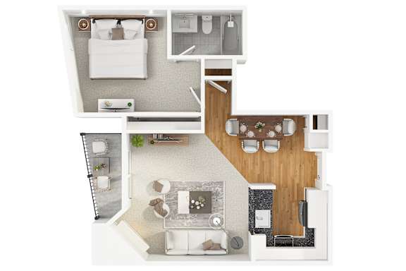 Floor Plan  A modern 3D floor plan for a 1 bedroom 1 bathroom apartment with furnitures.