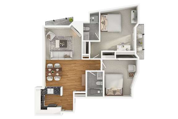 A modern 3D floor plan for a 2 bedroom 2 bathroom apartment with furnitures.