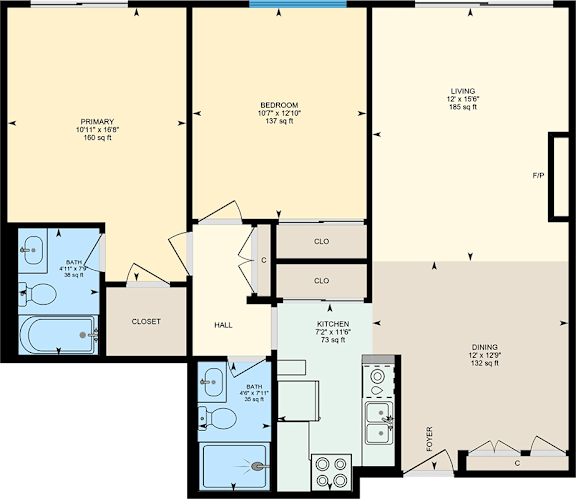 A floor plan of an apartment with a living room, two bedrooms, two bathrooms, a kitchen, and dining area.
