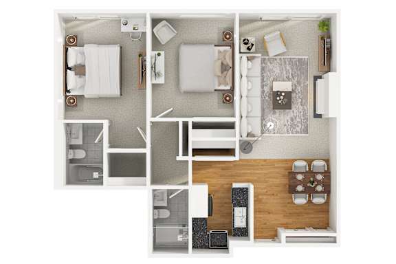 A modern 3D floor plan of a 2 bedroom 2 bathroom apartment with furnitures.