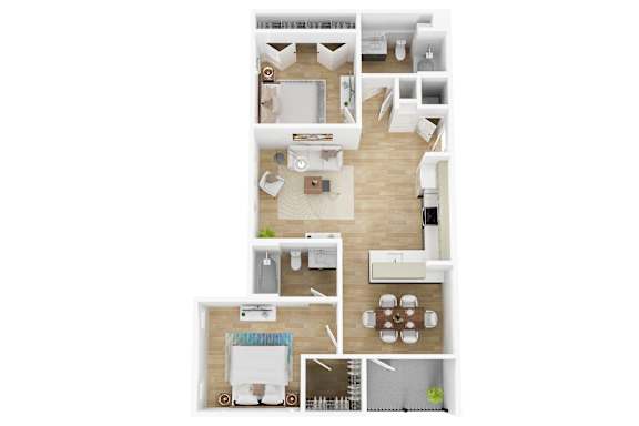 A modern 3d floor plan of a 2 bedroom 2 bathroom apartment with furnitures.