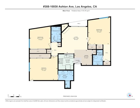 A floor plan for a 3 bedroom 3 bathroom apartment located at 10930 Ashton Ave, Los Angeles, CA.