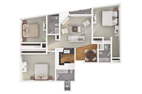 A modern 3D floor plan for a 3 bedroom 3 bathroom apartment with furnitures.
