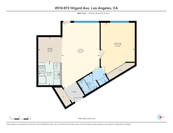 A 1 bedroom 1 bathroom floor plan for a property at 972 Hilgard Ave, Los Angeles, CA.