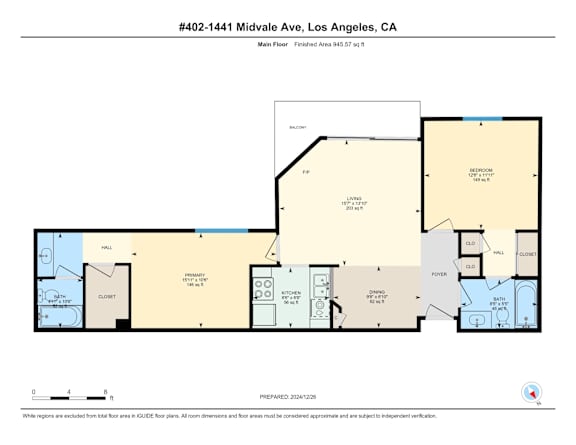 A 2 bedroom 2 bathroom floor plan for a property at 1441 Midvale Ave, Los Angeles, CA.