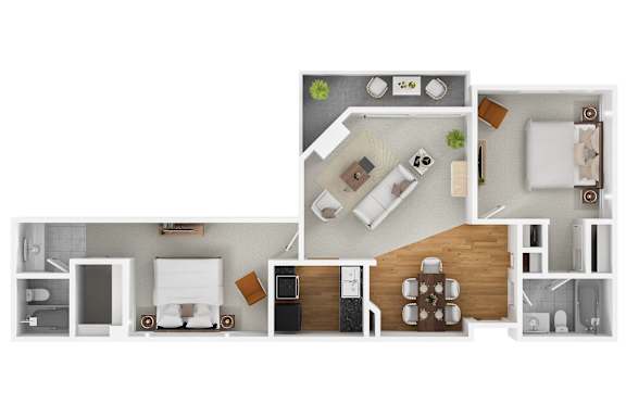 A modern 3D floor plan of a 2 bedroom 2 bathroom apartment with furnitures.