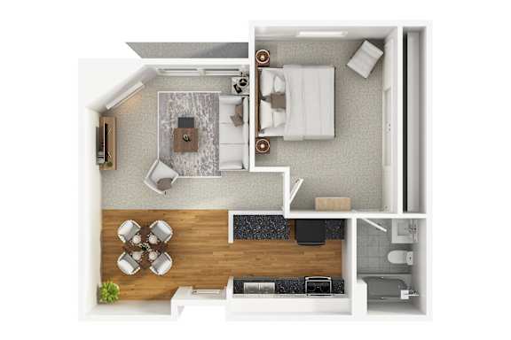 A modern 3D floor plan of a 1 bedroom 1 bathroom apartment with furnitures.