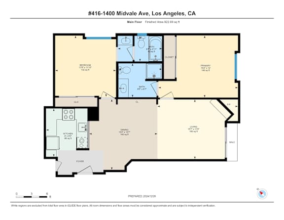 A floor plan for a 2 bedroom 2 bathroom apartment at 1400 Midvale Ave, Los Angeles, CA.