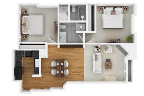 A modern 3D floor plan for a 2 bedroom 2 bathroom apartment with furnitures.