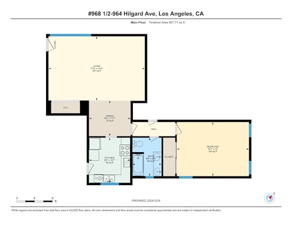A floor plan for a 1 bedroom 1 bathroom apartment at 964 Hilgard Ave, Los Angeles, CA.