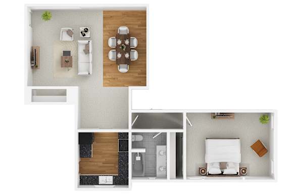 A modern 3D floor plan of a 1 bedroom 1 bathroom apartment.