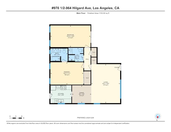 A 2 bedroom 2 bathroom floor plan for a property located at 964 Hilgard Ave, Los Angeles, CA.