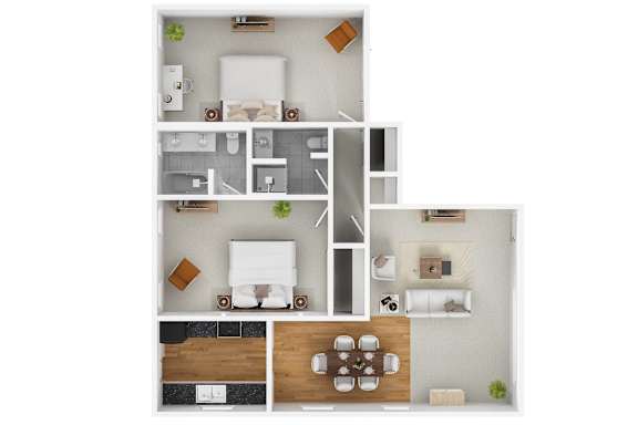 A modern 3D floor plan of a 2 bedroom 2 bathroom apartment.