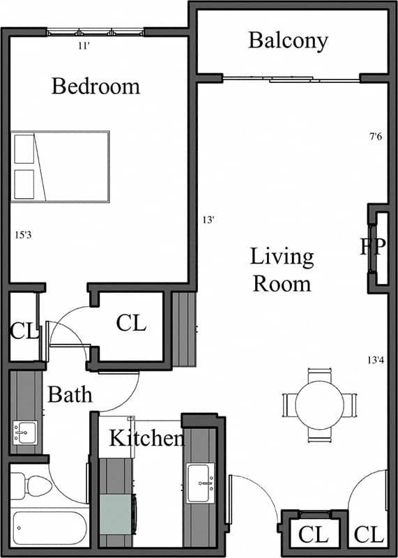 A floor plan of an apartment with a bedroom, living room, kitchen, balcony and bathroom.