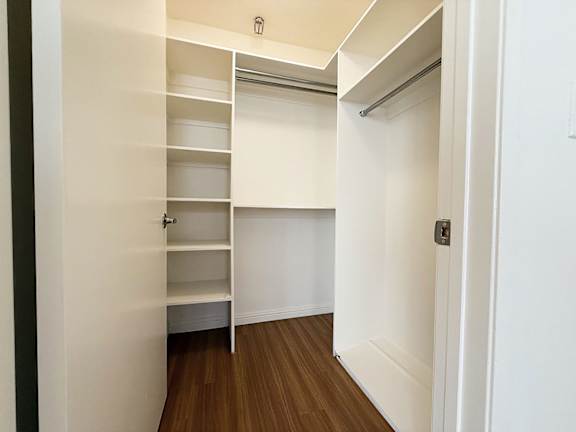 A white closet with shelves and a door.