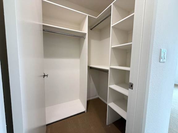 A white closet with shelves and a door open.