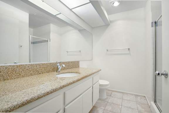 A bathroom with a sink, toilet, and a walk-in shower.