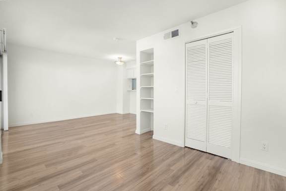A room with white walls and wooden flooring with a white closet.